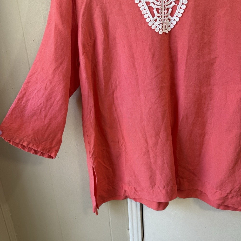 Womens Lagenlook Linen Blend Tunic Top XL Coral Embroidered Cottage Boho Baggy - Picture 4 of 11